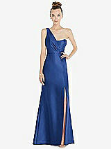 Front View Thumbnail - Classic Blue Draped One-Shoulder Satin Trumpet Gown with Front Slit