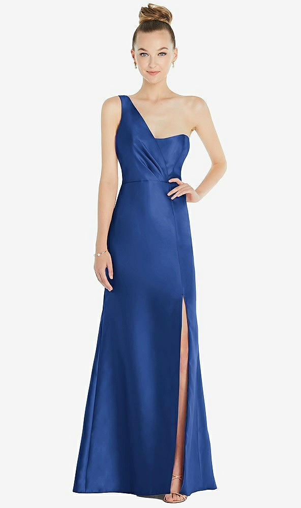 Front View - Classic Blue Draped One-Shoulder Satin Trumpet Gown with Front Slit