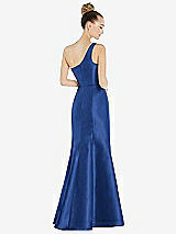 Rear View Thumbnail - Classic Blue Draped One-Shoulder Satin Trumpet Gown with Front Slit