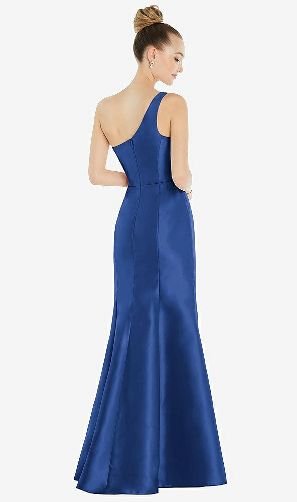 Back View - Classic Blue Draped One-Shoulder Satin Trumpet Gown with Front Slit
