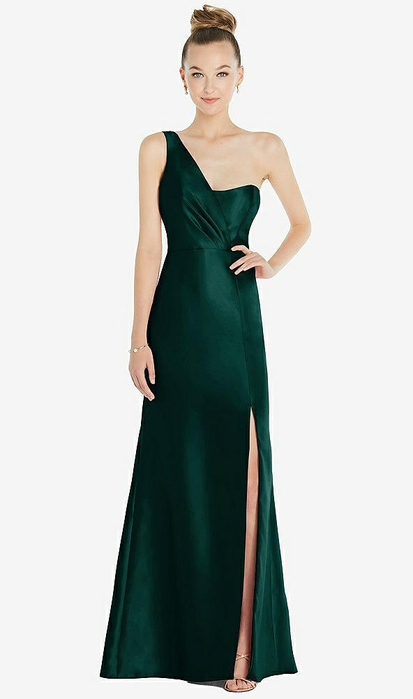Front View - Evergreen Draped One-Shoulder Satin Trumpet Gown with Front Slit