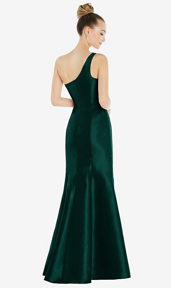 Back View - Evergreen Draped One-Shoulder Satin Trumpet Gown with Front Slit
