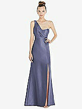 Front View Thumbnail - French Blue Draped One-Shoulder Satin Trumpet Gown with Front Slit