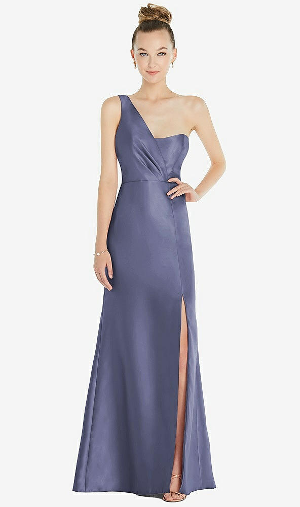 Front View - French Blue Draped One-Shoulder Satin Trumpet Gown with Front Slit