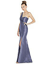 Side View Thumbnail - French Blue Draped One-Shoulder Satin Trumpet Gown with Front Slit
