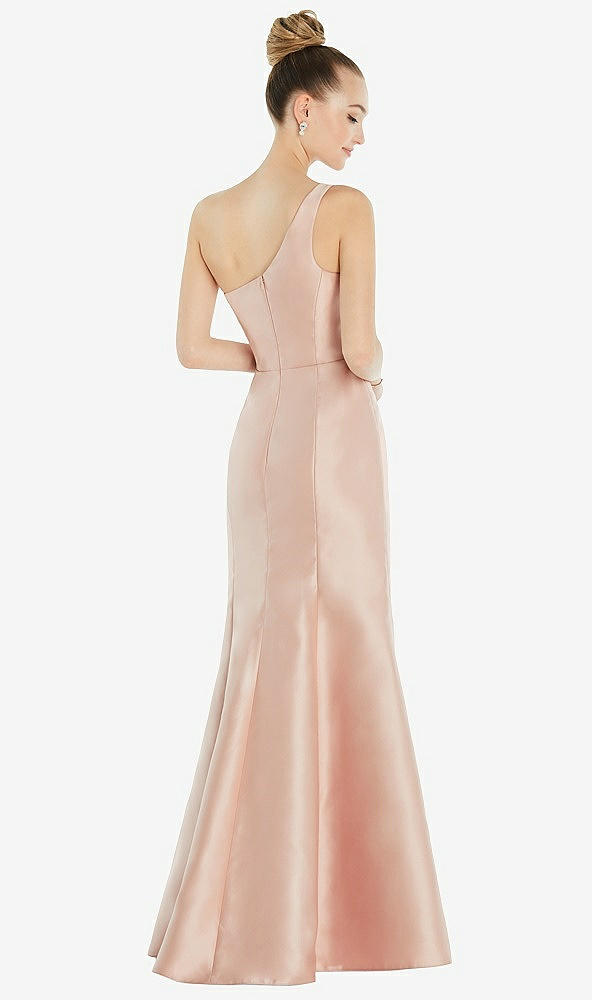 Back View - French Blue Draped One-Shoulder Satin Trumpet Gown with Front Slit
