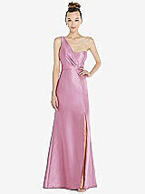 Front View Thumbnail - Powder Pink Draped One-Shoulder Satin Trumpet Gown with Front Slit