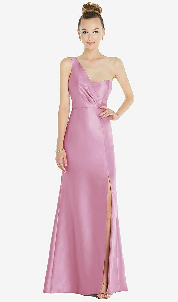Front View - Powder Pink Draped One-Shoulder Satin Trumpet Gown with Front Slit