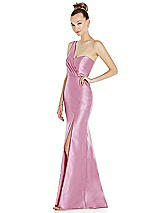 Side View Thumbnail - Powder Pink Draped One-Shoulder Satin Trumpet Gown with Front Slit
