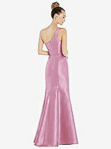 Rear View Thumbnail - Powder Pink Draped One-Shoulder Satin Trumpet Gown with Front Slit