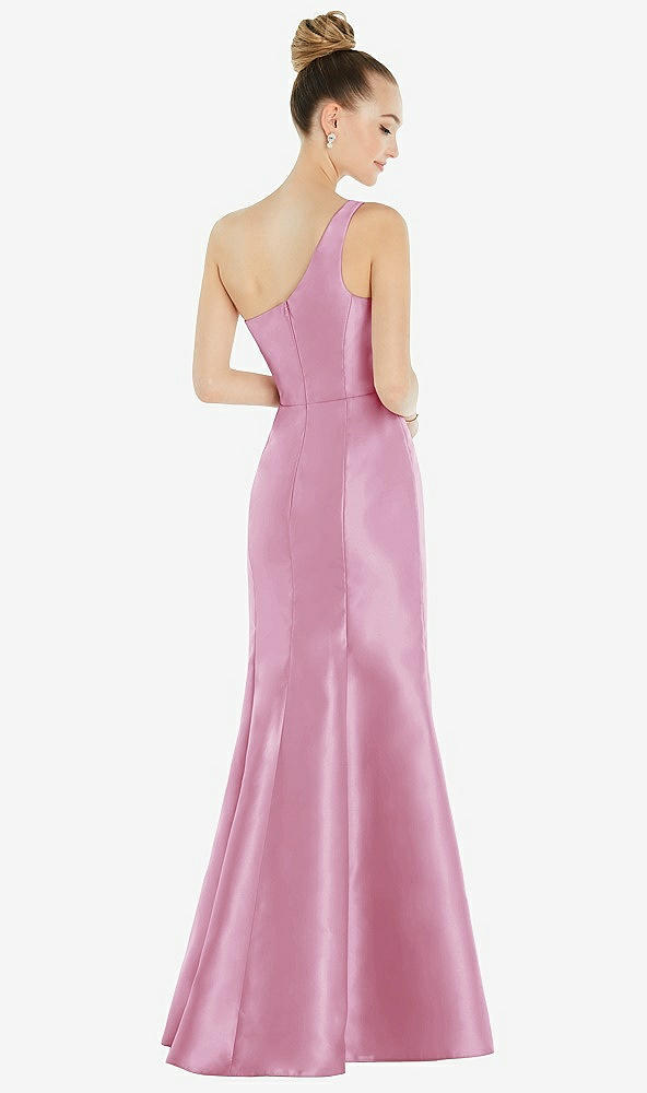 Back View - Powder Pink Draped One-Shoulder Satin Trumpet Gown with Front Slit