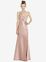 Front View Thumbnail - Toasted Sugar Draped One-Shoulder Satin Trumpet Gown with Front Slit