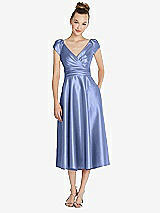 Front View Thumbnail - Periwinkle - PANTONE Serenity Cap Sleeve Faux Wrap Satin Midi Dress with Pockets