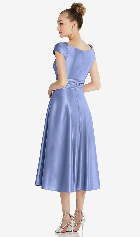 Back View - Periwinkle - PANTONE Serenity Cap Sleeve Faux Wrap Satin Midi Dress with Pockets