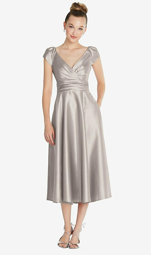 Front View - Taupe Cap Sleeve Faux Wrap Satin Midi Dress with Pockets