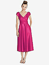 Front View Thumbnail - Think Pink Cap Sleeve Faux Wrap Satin Midi Dress with Pockets