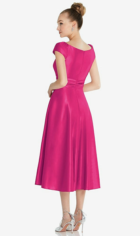Back View - Think Pink Cap Sleeve Faux Wrap Satin Midi Dress with Pockets