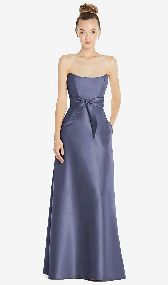 Front View - French Blue Basque-Neck Strapless Satin Gown with Mini Sash