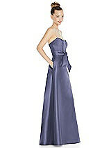 Side View Thumbnail - French Blue Basque-Neck Strapless Satin Gown with Mini Sash