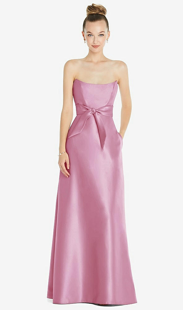 Front View - Powder Pink Basque-Neck Strapless Satin Gown with Mini Sash