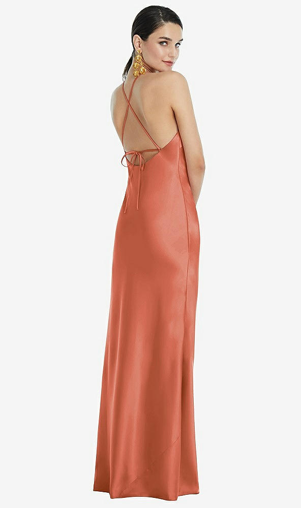Back View - Terracotta Copper Diamond Halter Bias Maxi Slip Dress with Convertible Straps