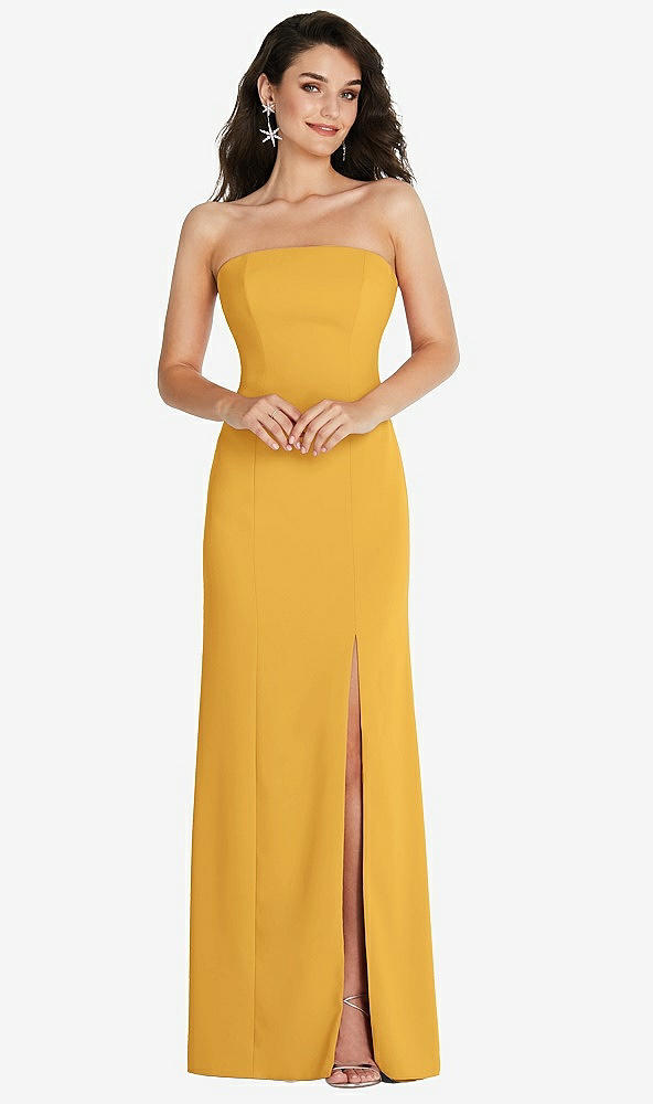 Front View - NYC Yellow Strapless Scoop Back Maxi Dress with Front Slit