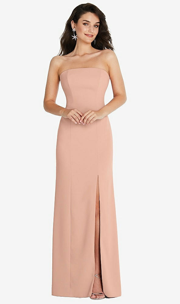 Front View - Pale Peach Strapless Scoop Back Maxi Dress with Front Slit