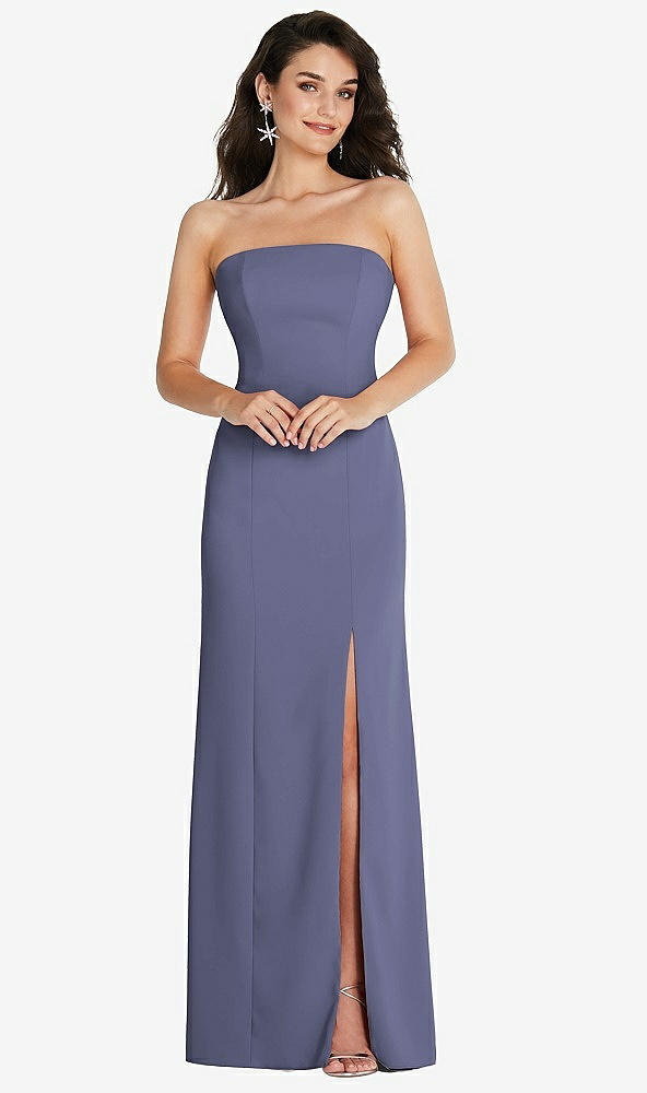 Front View - French Blue Strapless Scoop Back Maxi Dress with Front Slit
