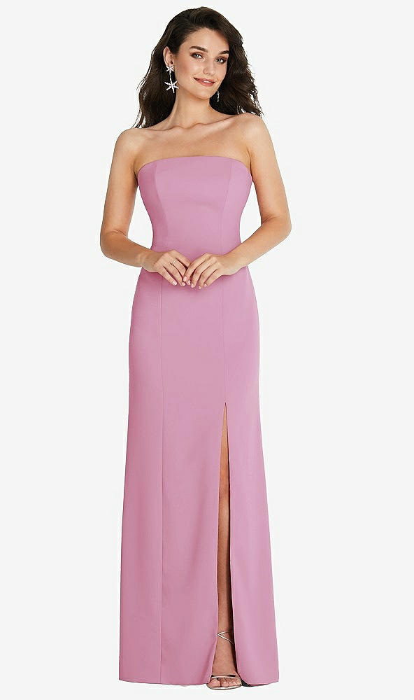 Front View - Powder Pink Strapless Scoop Back Maxi Dress with Front Slit