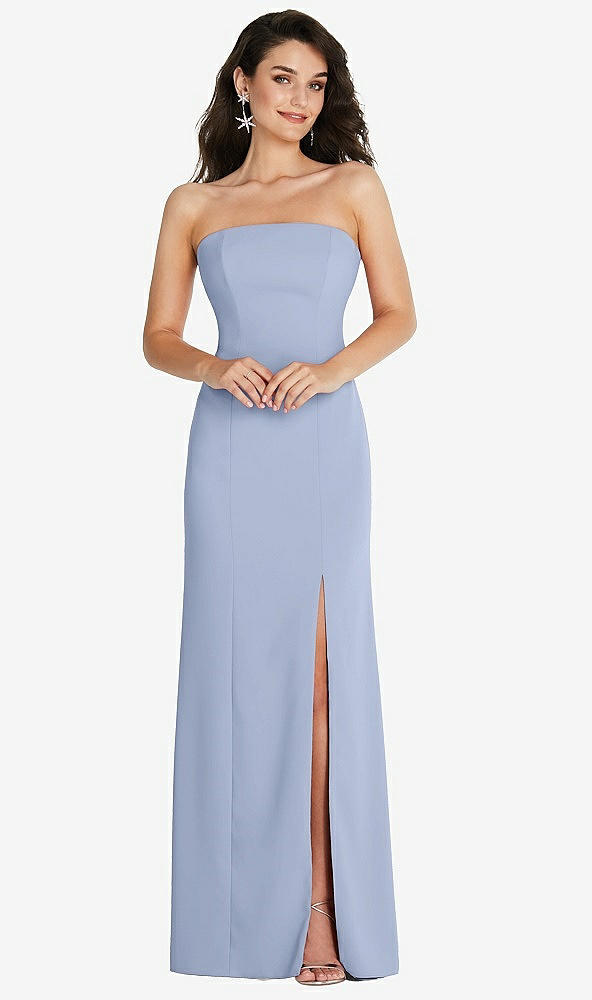 Front View - Sky Blue Strapless Scoop Back Maxi Dress with Front Slit