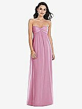 Front View Thumbnail - Powder Pink Twist Shirred Strapless Empire Waist Gown with Optional Straps