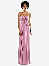 Front View Thumbnail - Powder Pink Draped Satin Grecian Column Gown with Convertible Straps