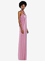 Side View Thumbnail - Powder Pink Draped Satin Grecian Column Gown with Convertible Straps