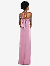 Rear View Thumbnail - Powder Pink Draped Satin Grecian Column Gown with Convertible Straps