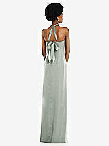 Rear View Thumbnail - Willow Green Draped Satin Grecian Column Gown with Convertible Straps