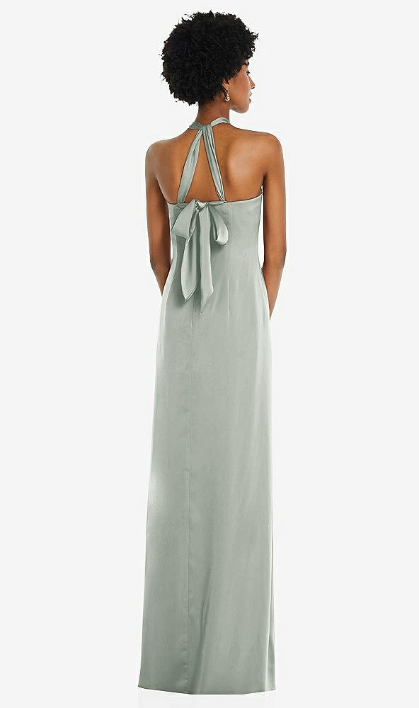 Back View - Willow Green Draped Satin Grecian Column Gown with Convertible Straps