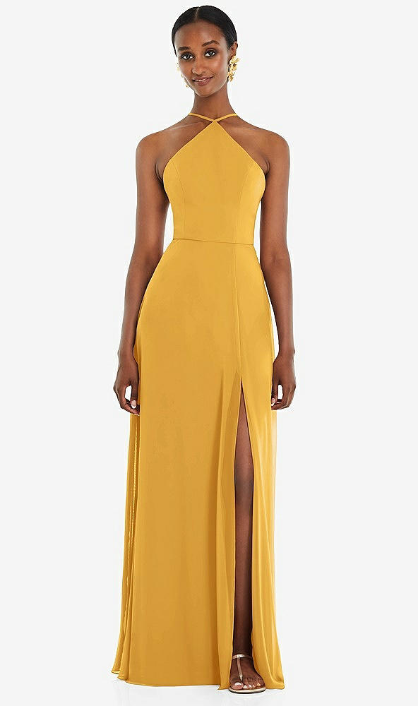 Front View - NYC Yellow Diamond Halter Maxi Dress with Adjustable Straps
