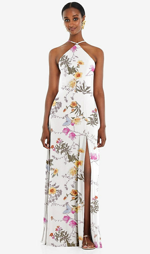 Front View - Butterfly Botanica Ivory Diamond Halter Maxi Dress with Adjustable Straps