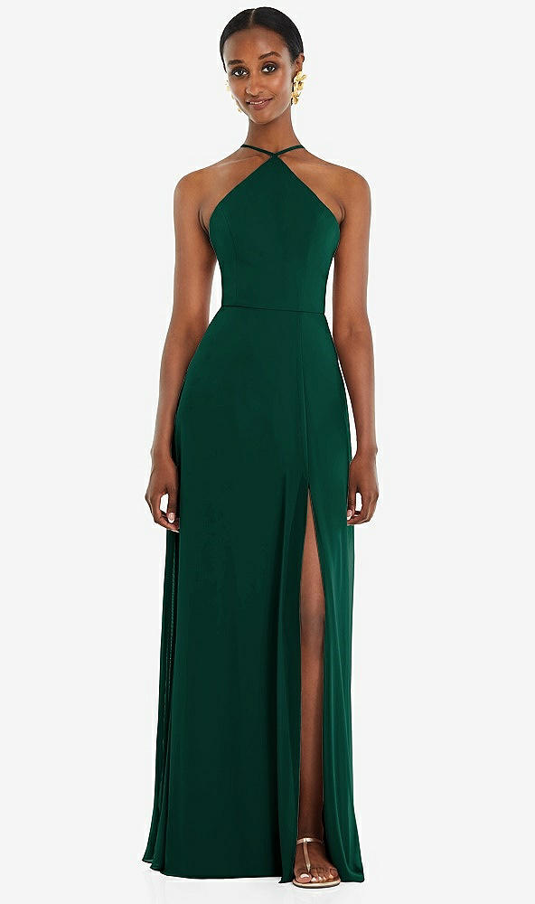 Front View - Hunter Green Diamond Halter Maxi Dress with Adjustable Straps