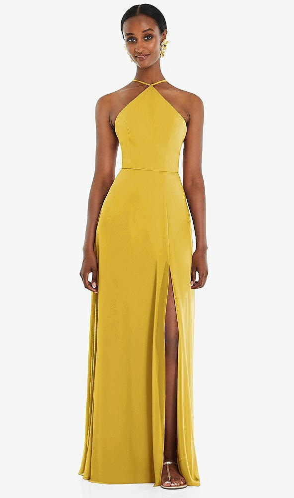 Front View - Marigold Diamond Halter Maxi Dress with Adjustable Straps