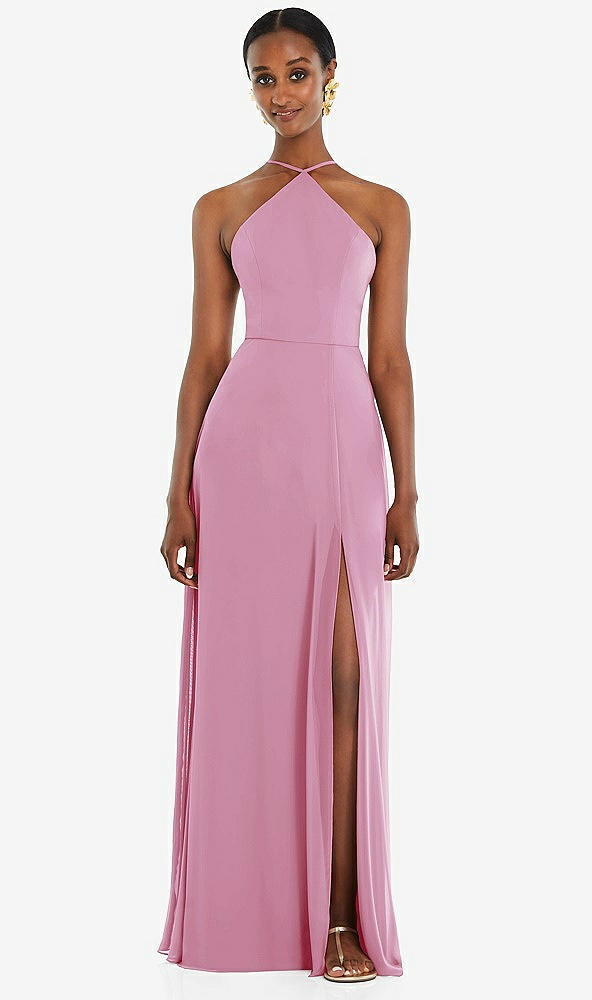 Front View - Powder Pink Diamond Halter Maxi Dress with Adjustable Straps
