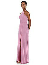 Side View Thumbnail - Powder Pink Diamond Halter Maxi Dress with Adjustable Straps