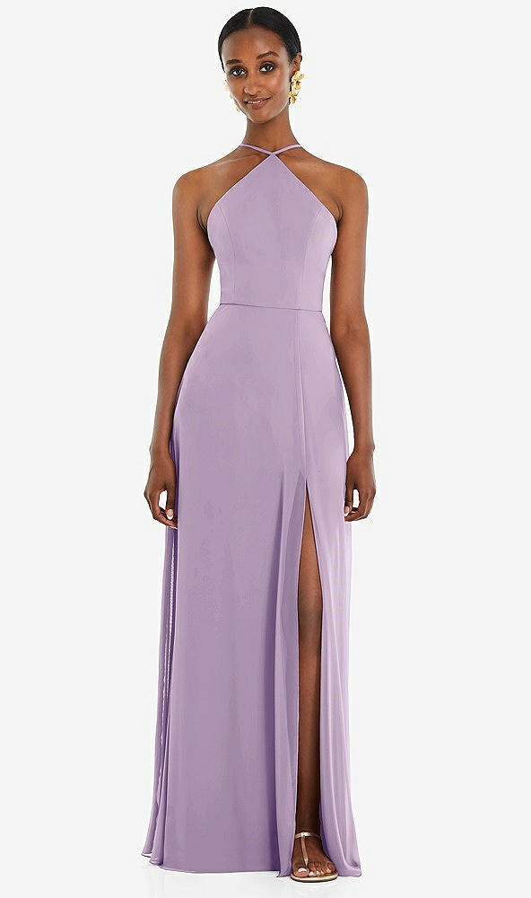 Front View - Pale Purple Diamond Halter Maxi Dress with Adjustable Straps