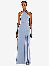Front View Thumbnail - Sky Blue Diamond Halter Maxi Dress with Adjustable Straps
