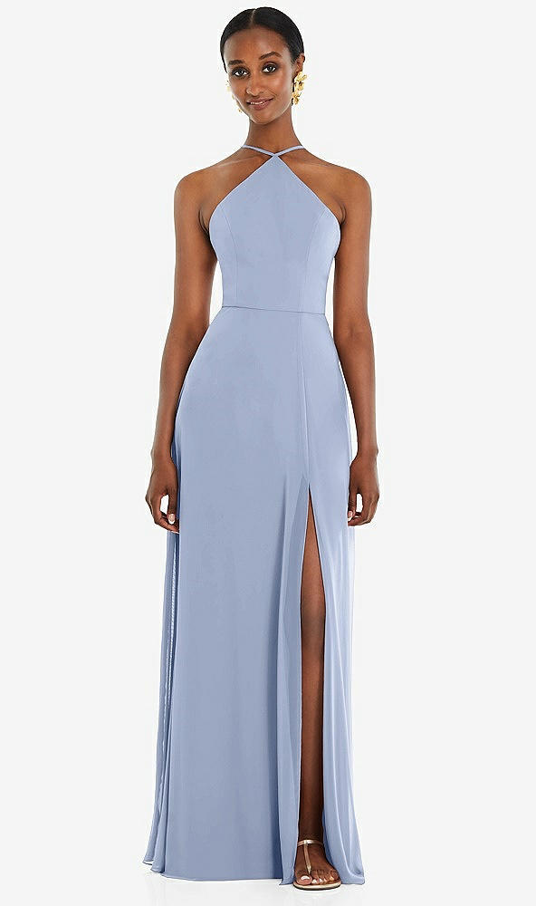 Front View - Sky Blue Diamond Halter Maxi Dress with Adjustable Straps