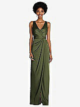 Alt View 1 Thumbnail - Olive Green Faux Wrap Whisper Satin Maxi Dress with Draped Tulip Skirt