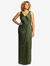 Front View Thumbnail - Olive Green Faux Wrap Whisper Satin Maxi Dress with Draped Tulip Skirt