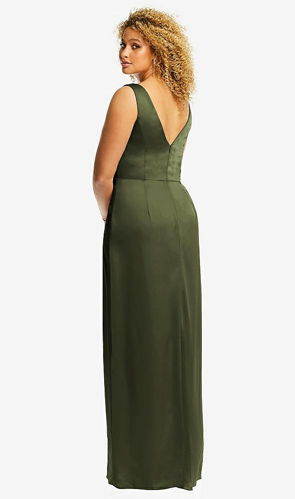 Back View - Olive Green Faux Wrap Whisper Satin Maxi Dress with Draped Tulip Skirt