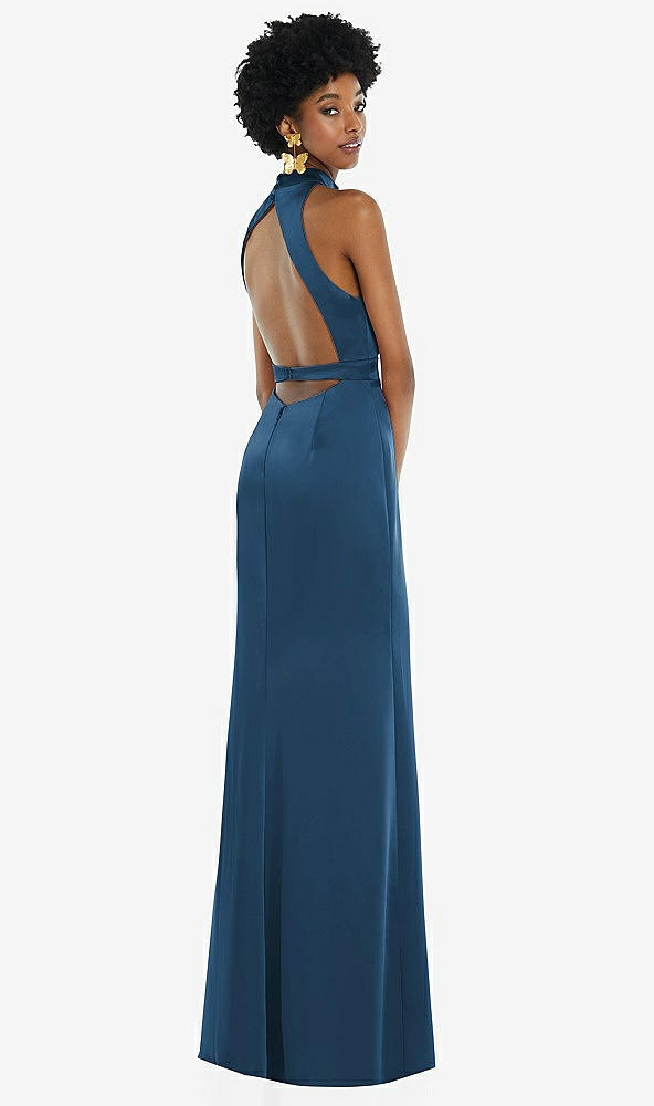 Front View - Dusk Blue High Neck Backless Maxi Dress with Slim Belt