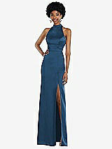 Rear View Thumbnail - Dusk Blue High Neck Backless Maxi Dress with Slim Belt